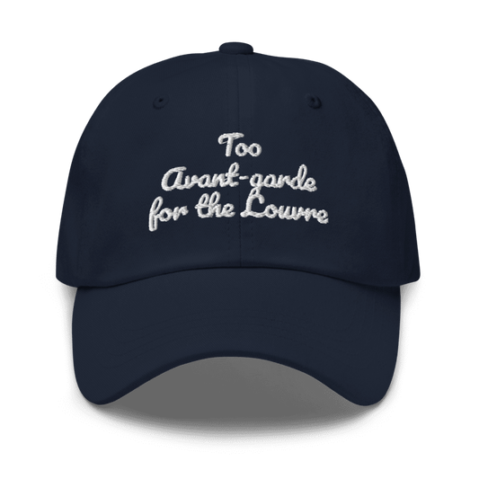 Casquette brodée unisexe avec inscription TOO AVANT-GARDE FOR THE LOUVRE, style arty et tendance